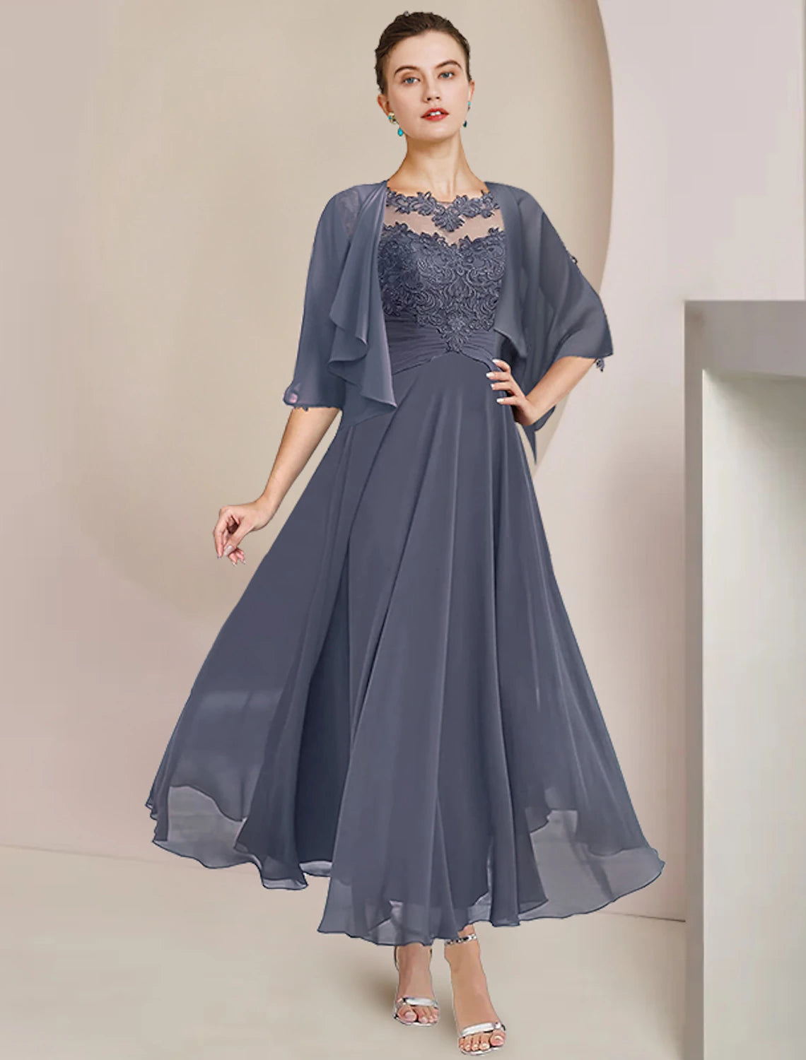 Luolandi Two Piece A-Line Mother of the Bride Dress Formal Wedding Guest Elegant Scoop Neck Tea Length Chiffon Lace 3/4 Length Sleeve Wrap Included with Appliques