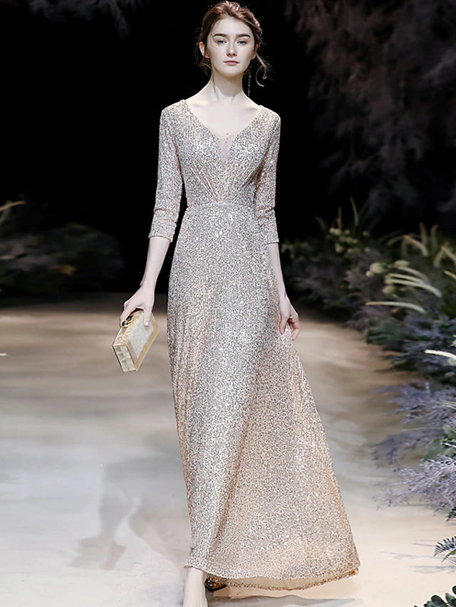 Luolandi A-Line Prom Dresses Sparkle Dress Engagement Floor Length 3/4 Length Sleeve V Neck Sequined with Pleats
