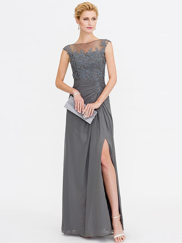 Luolandi A-Line Mother of the Bride Dress Elegant See Through Bateau Neck Floor Length Chiffon Lace Sleeveless
