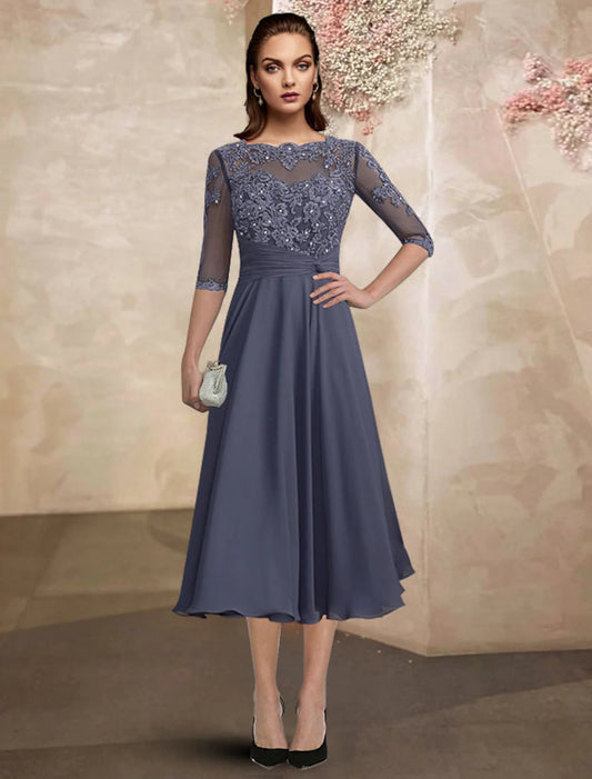 A-Line Mother of the Bride Dress Wedding Guest Plus Size Elegant Jewel Neck Tea Length Chiffon Lace Half Sleeve with Ruched Beading Appliques