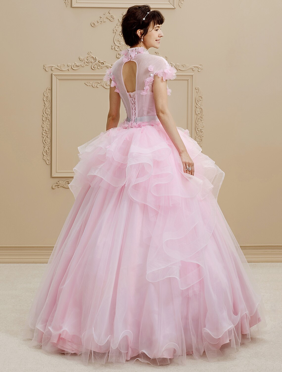 Luolandi Ball Gown High Neck Floor Length Organza Tulle Wedding Dress with Crystal Beading Bow
