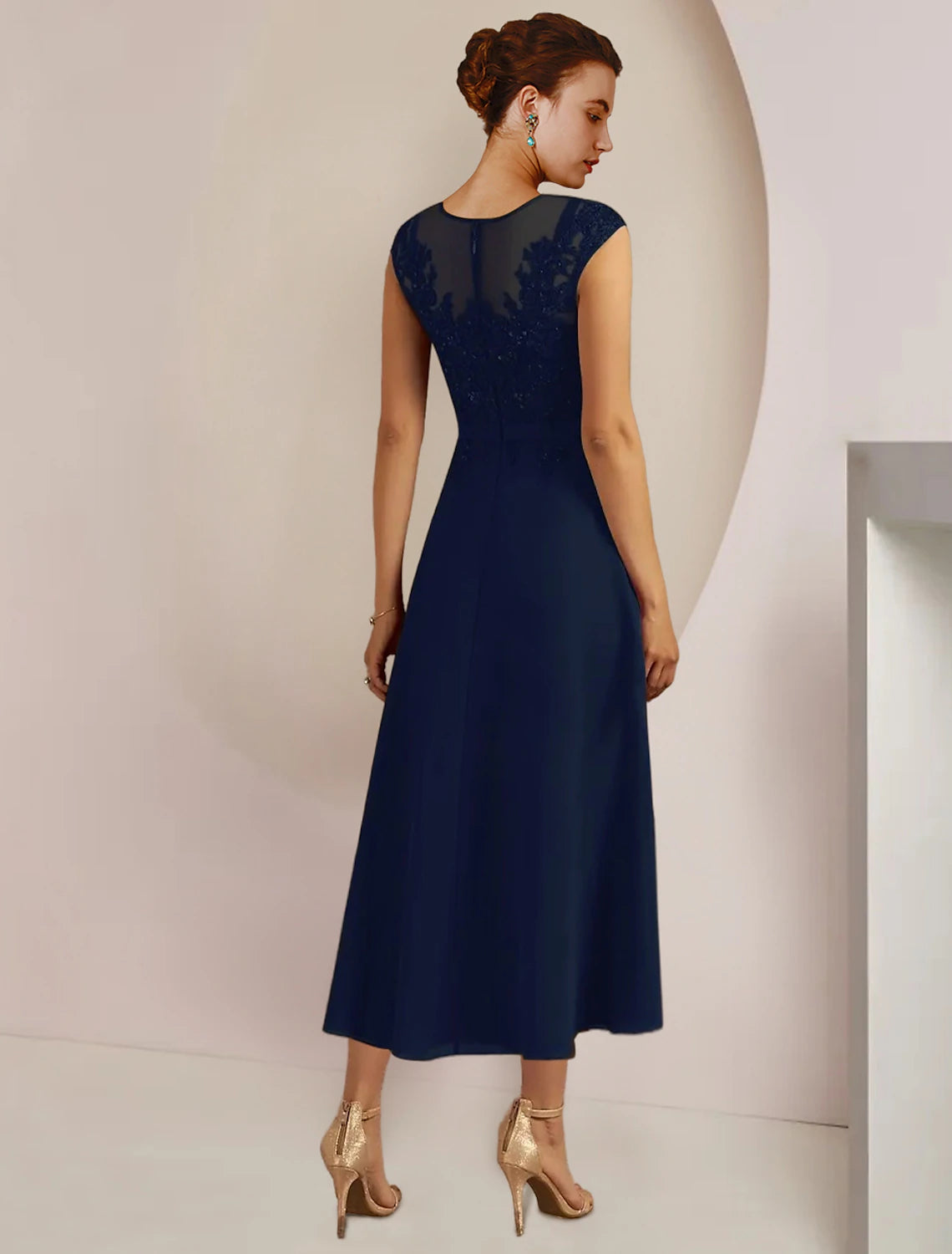 Luolandi Two Piece A-Line Mother of the Bride Dress Formal Wedding Guest Elegant Scoop Neck Tea Length Chiffon Lace 3/4 Length Sleeve Jacket Dresses with Sash