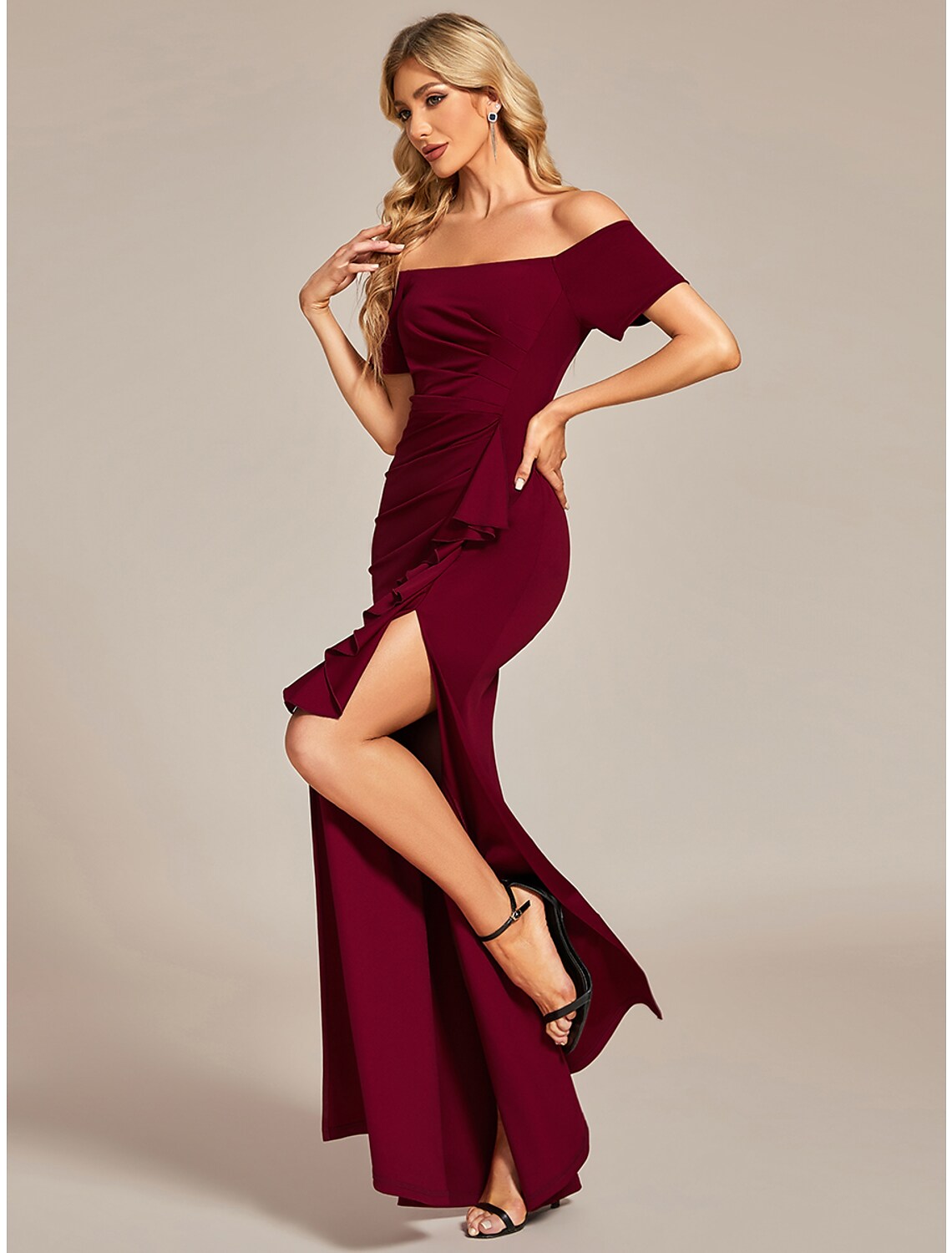 Luolandi Prom Dress Wedding Guest Dress Long Black Wine Short Sleeve Pure Color Ruched Spring Fall Off Shoulder