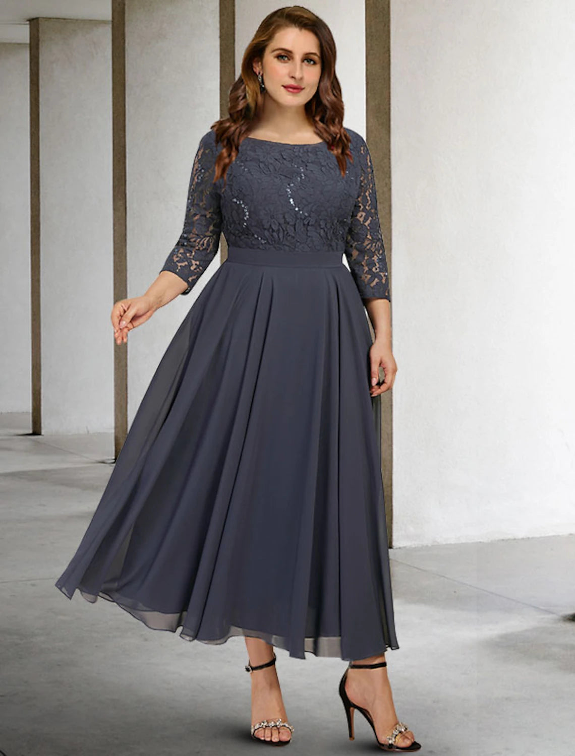 Luolandi A-Line Mother of the Bride Dresses Plus Size Hide Belly Curve Elegant Dress Formal Tea Length 3/4 Length Sleeve Jewel Neck Chiffon