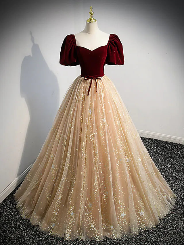 Luolandi A-Line Prom Dresses Princess Dress Engagement Floor Length Short Sleeve Sweetheart Tulle with Bow(s)