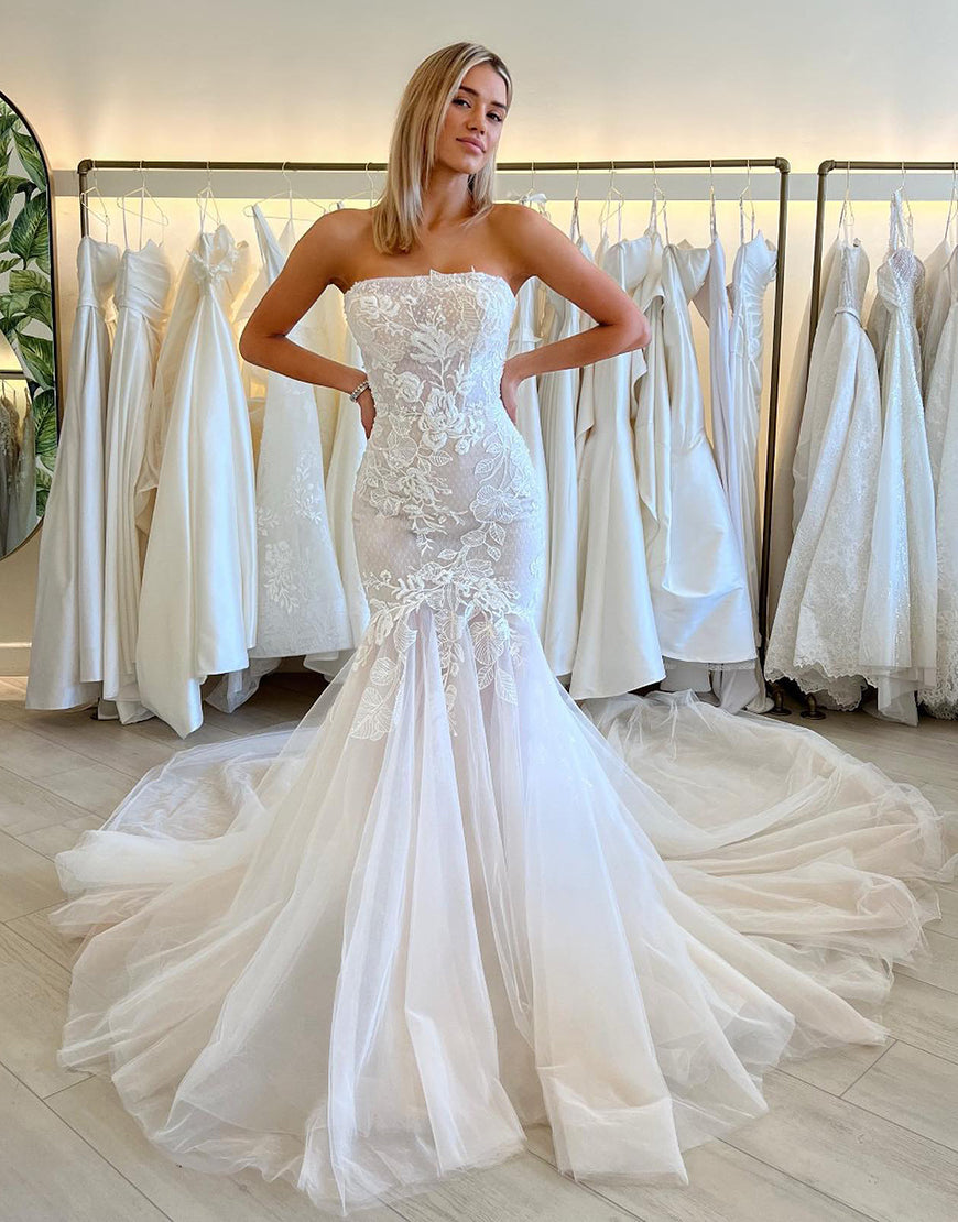 Luolandi Mermaid Strapless Tulle Long Wedding Dresses with Appliques Off Shoulder