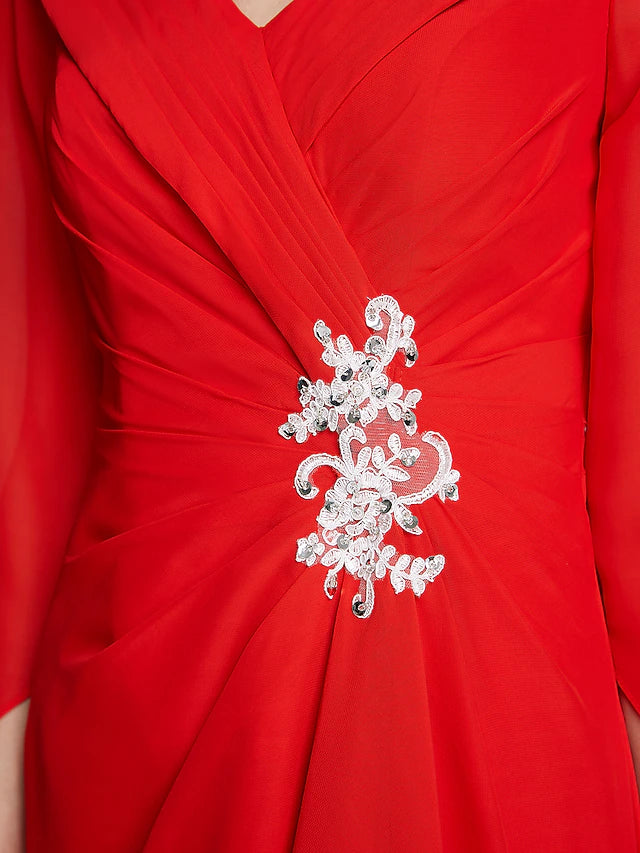 Luolandi A-Line Mother of the Bride Dress Elegant V Neck Floor Length Chiffon Half Sleeve with Pleats