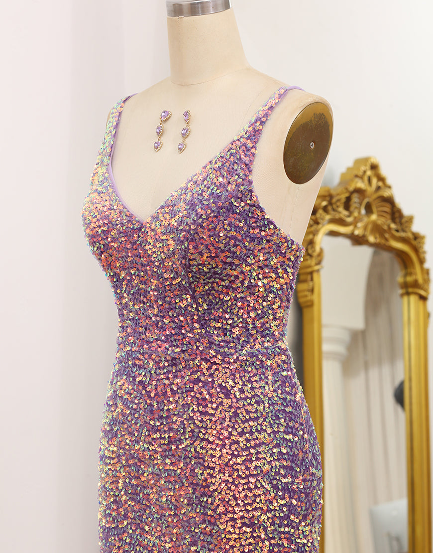 Luolandi Sparkly Light Purple Lace-Up Back Sequins Long Prom Dress with Fringes Sexy