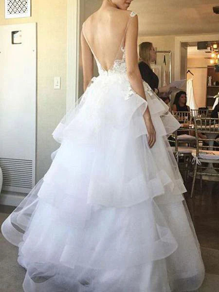 Luolandi A-line Deep-V Floor-Length Organza Lace Beaded Wedding Dresses Charming