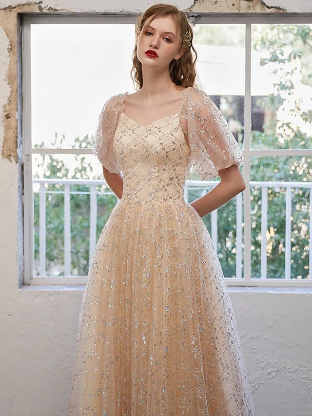 Luolandi A-Line Glittering Elegant Prom Formal Evening Dress Scoop Neck Short Sleeve Floor Length Tulle with Pleats Sequin