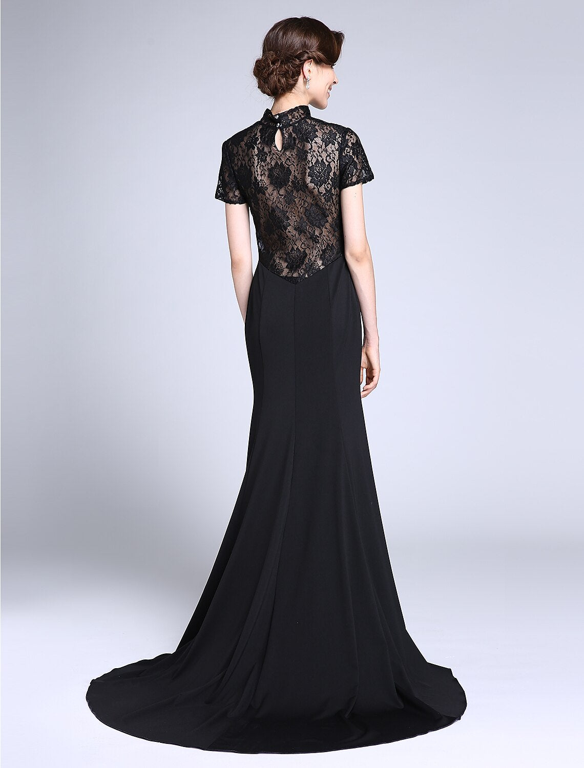 Luolandi Mermaid / Trumpet Mother of the Bride Dress Vintage Inspired High Neck Sweep / Brush Train Lace Jersey Short Sleeve