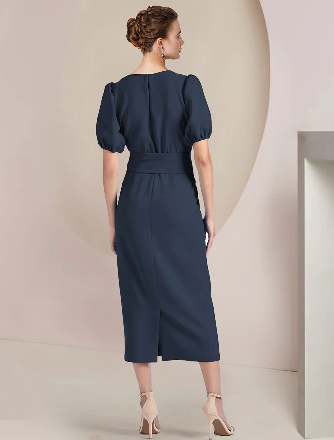 Luolandi Sheath / Column Mother of the Bride Dress Formal Wedding Guest Elegant Scoop Neck Tea Length Chiffon Short Sleeve with Sash