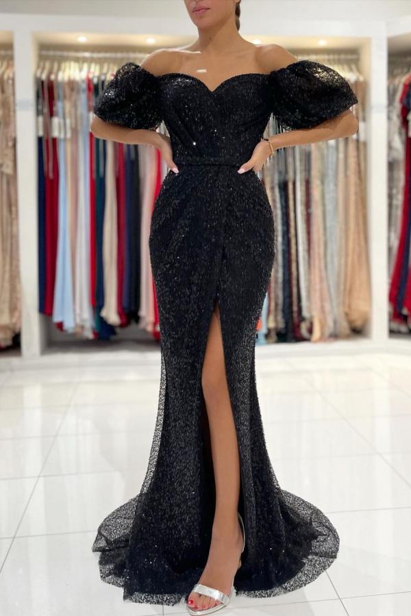 Luolandi Sexy Off-The-Shoulder Black Mermaid Sequins Prom Dress Long With Slit Charming Evening Dress