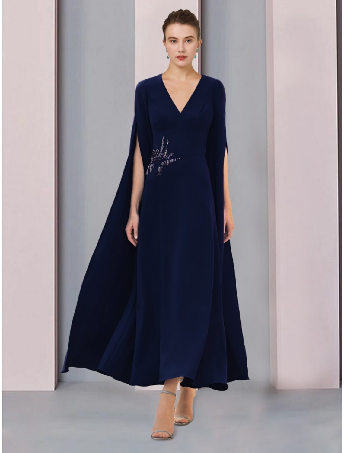 Luolandi A-Line Mother of the Bride Dress Wedding Guest Elegant V Neck Ankle Length Chiffon Half Sleeve with Sequin Ruching