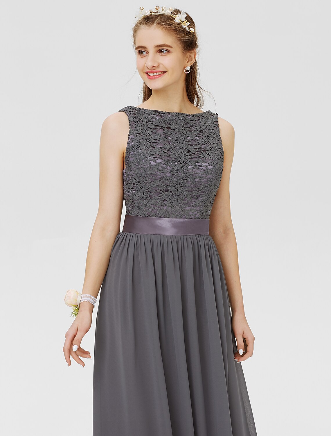 Luolandi Sheath / Column Bateau Floor Length Chiffon / Floral Lace Bridesmaid Dress with Lace / Sash / Ribbon