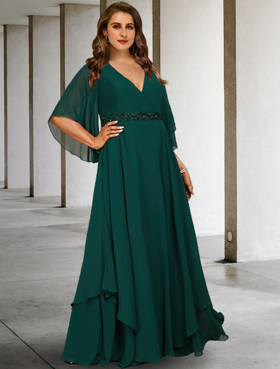 Luolandi A-Line Mother of the Bride Dresses Plus Size Hide Belly Curve Elegant Dress Formal Sweep / Brush Train Half Sleeve V Neck Chiffon with Ruffles