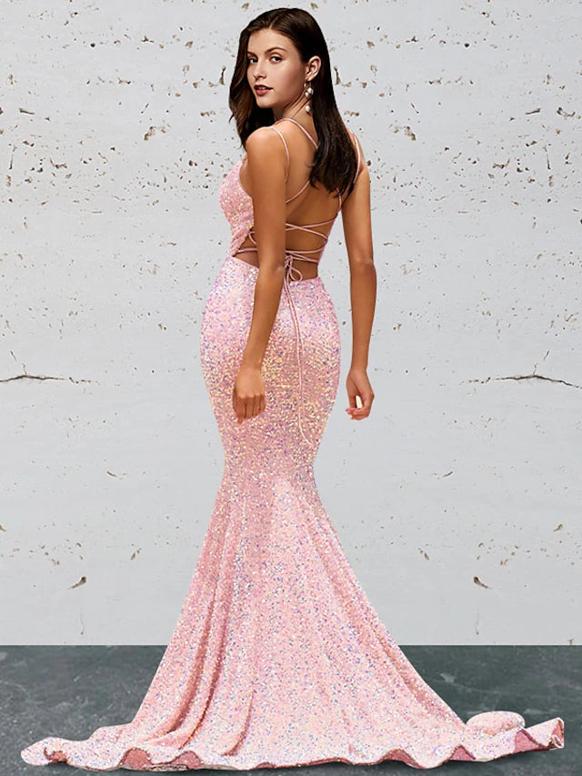 Luolandi Mermaid / Trumpet Prom Dresses Open Back Dress Prom Sweep / Brush Train Sleeveless Sweetheart Sequined Backless