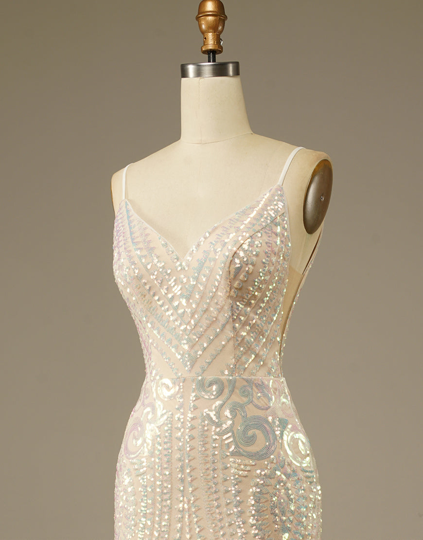 Luolandi Glitter Mermaid Champagne V Neck Prom Dress Open Back Floor Length Sparkly Evening Dresses