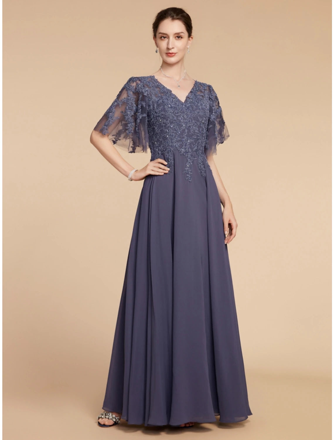 Luolandi A-Line Mother of the Bride Dress Wedding Guest Elegant V Neck Floor Length Chiffon Lace Short Sleeve with Sequin Ruching