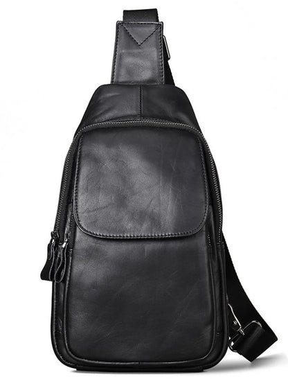 Men's Sling Shoulder Bag Crossbody Bag Nappa Leather Cowhide Daily Zipper Black