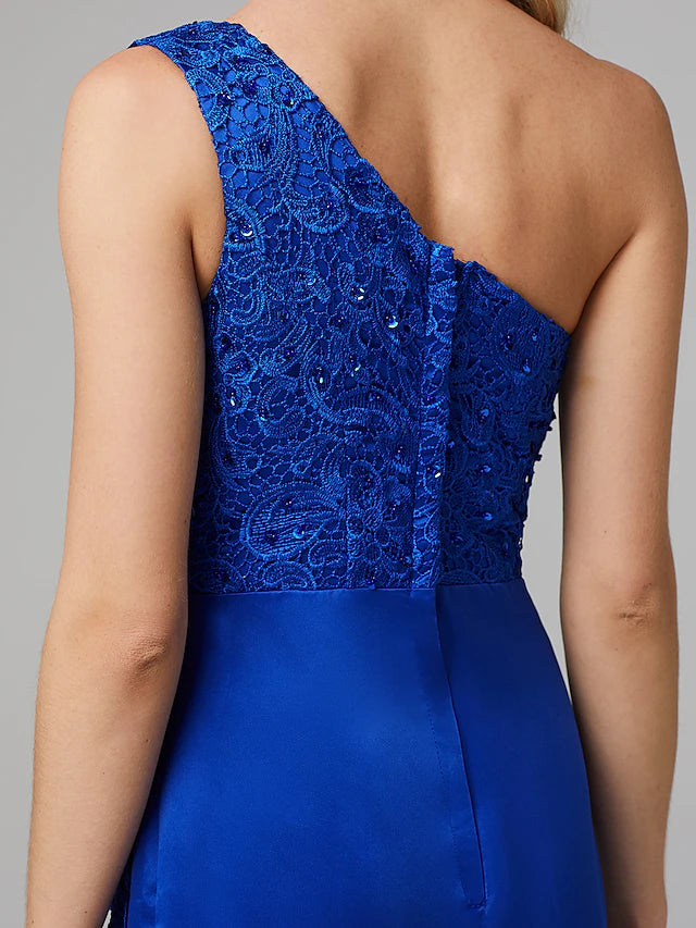 Luolandi Fit & Flare Elegant Dress Holiday Floor Length Sleeveless One Shoulder Lace Over Tulle