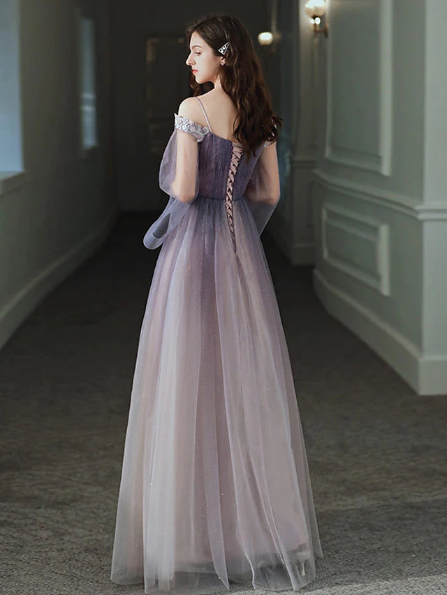 Luolandi A-Line Minimalist Elegant Party Wear Prom Dress Off Shoulder Long Sleeve Floor Length Tulle