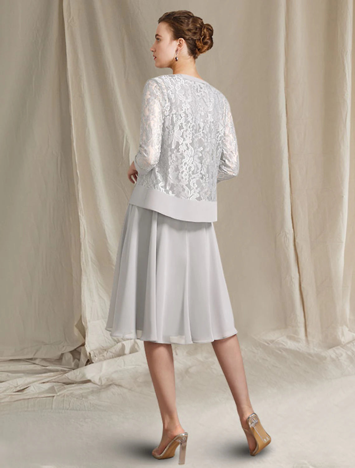 Luolandi Two Piece A-Line Mother of the Bride Dress Church Elegant Jewel Neck Knee Length Chiffon Lace Sleeveless Wrap Included with Pleats