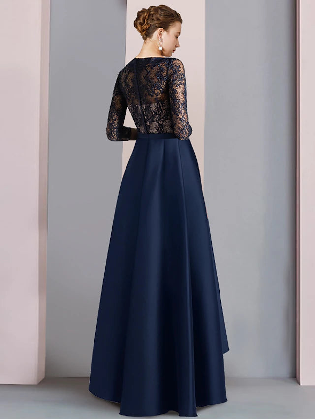 Luolandi A-Line Mother of the Bride Dress Wedding Guest Elegant High Low V Neck Asymmetrical Tea Length Satin Lace Half Sleeve with Bow(s) Color