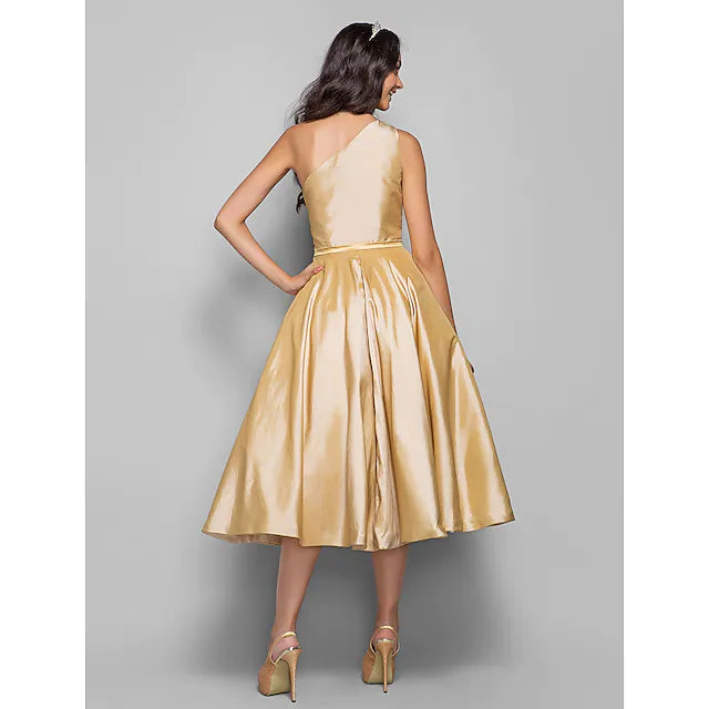 Luolandi A-Line Minimalist Elegant Cocktail Party Wedding Party Dress One Shoulder Sleeveless Tea Length Taffeta with Sash