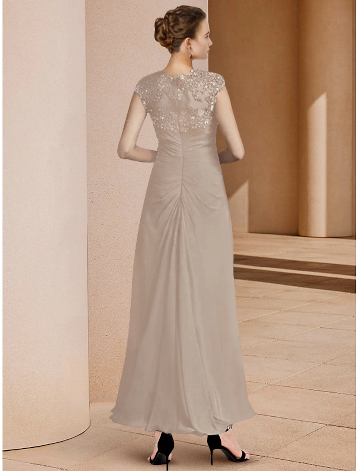 Luolandi Two Piece A-Line Mother of the Bride Dress Formal Wedding Guest Elegant Sweetheart Ankle Length Chiffon Lace Sequined 3/4 Length Sleeve Jacket Dresses with Sequin