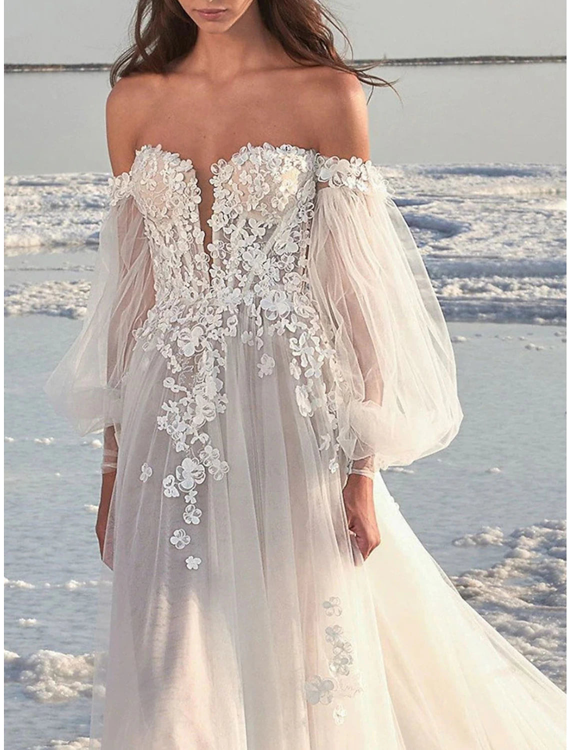 Luolandi Beach Formal Wedding Dresses A-Line Off Shoulder Long Sleeve Court Train Lace Bridal Gowns With Appliques Fall Wedding Party
