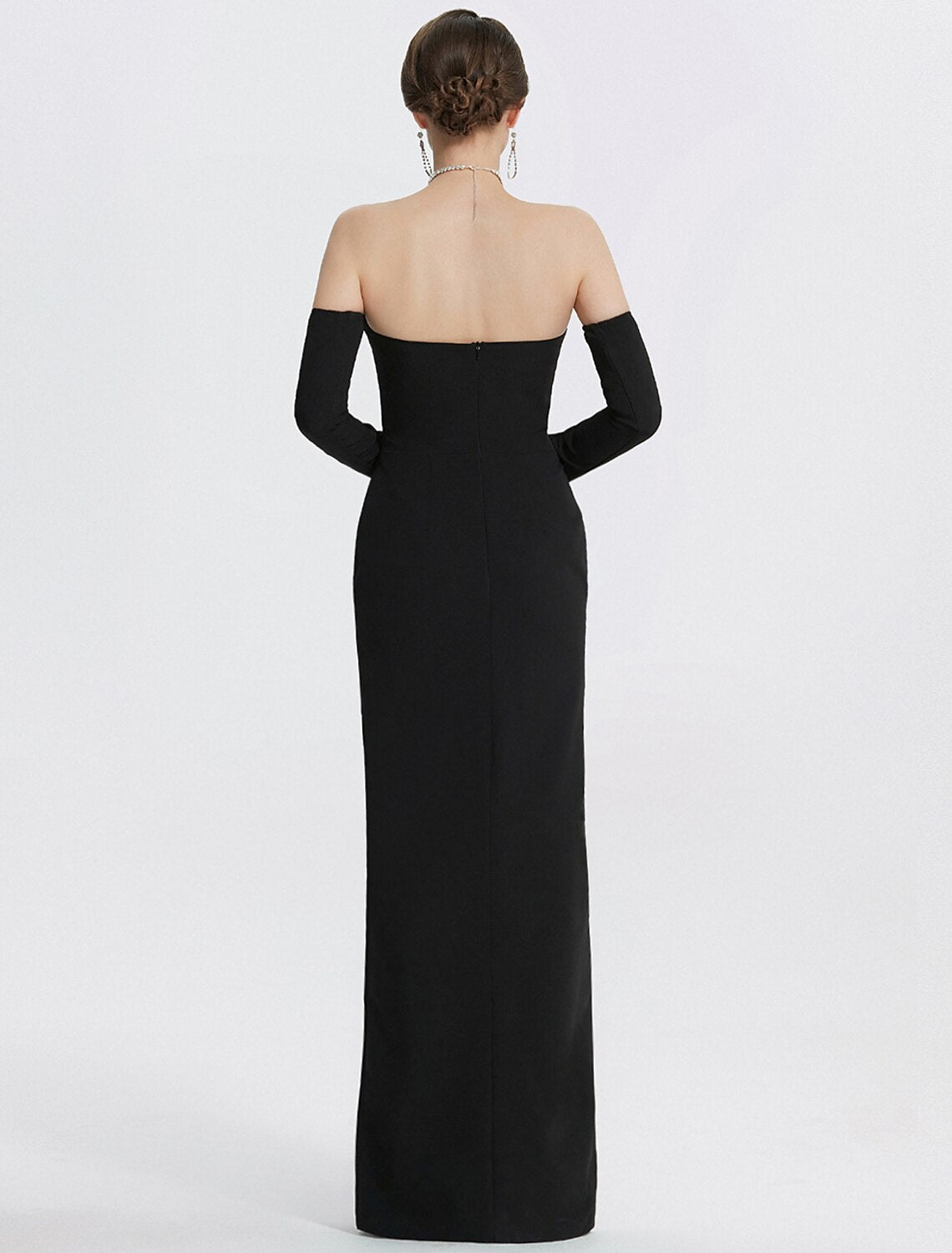 Luolandi Mermaid Evening Gown Black Dress With Gloves Formal Wedding Guest Floor Length Long Sleeve Strapless Fabric