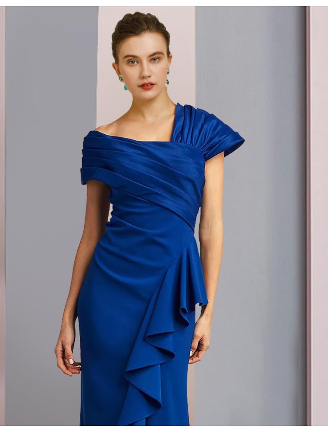 Luolandi Mermaid / Trumpet Mother of the Bride Dress Formal Wedding Guest Elegant One Shoulder Sweep / Brush Train Satin Sleeveless with Ruched