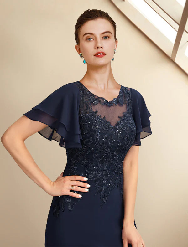 Luolandi A-Line Mother of the Bride Dress Plus Size Elegant Jewel Neck Floor Length Chiffon Lace Short Sleeve with Sequin Appliques Dark Navy