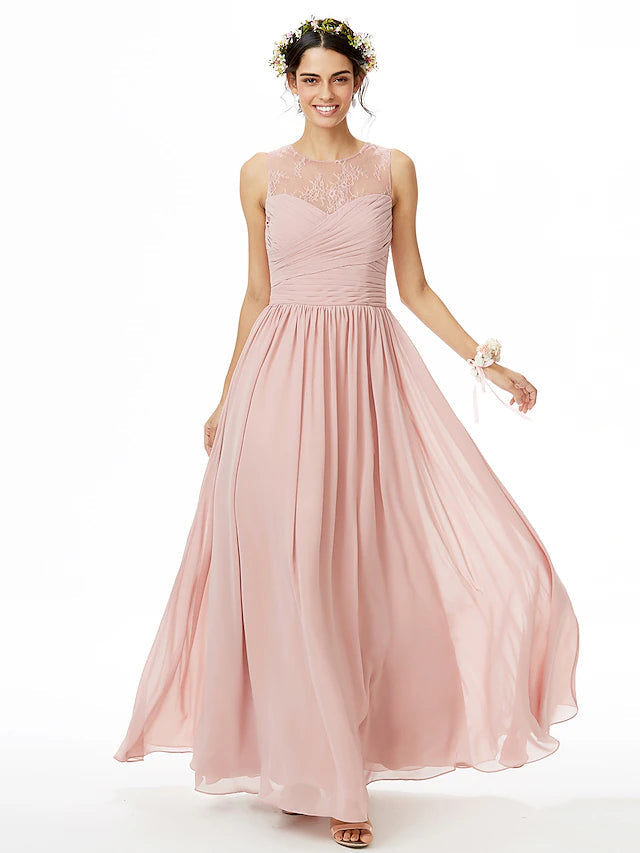 Luolandi A-Line Bridesmaid Dress Jewel Neck Sleeveless See Through Floor Length Chiffon / Lace with Lace / Criss Cross