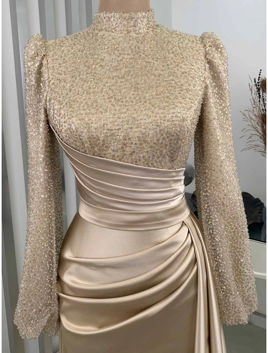 A-Line Evening Gown Champagne Christmas Elegant Dress Formal Sweep / Brush Train Long Sleeve High Neck Satin with Glitter