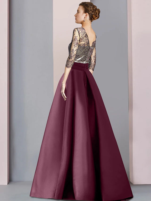 Luolandi A-Line Mother of the Bride Dress Wedding Guest Elegant Square Neck Floor Length Satin Lace Half Sleeve with Split Front