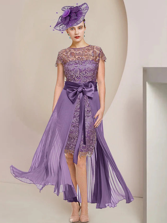 Luolandi Two Piece Sheath / Column Mother of the Bride Dress Formal Wedding Guest Elegant detachable Scoop Neck Knee Length Chiffon Lace Short Sleeve with Bow(s)