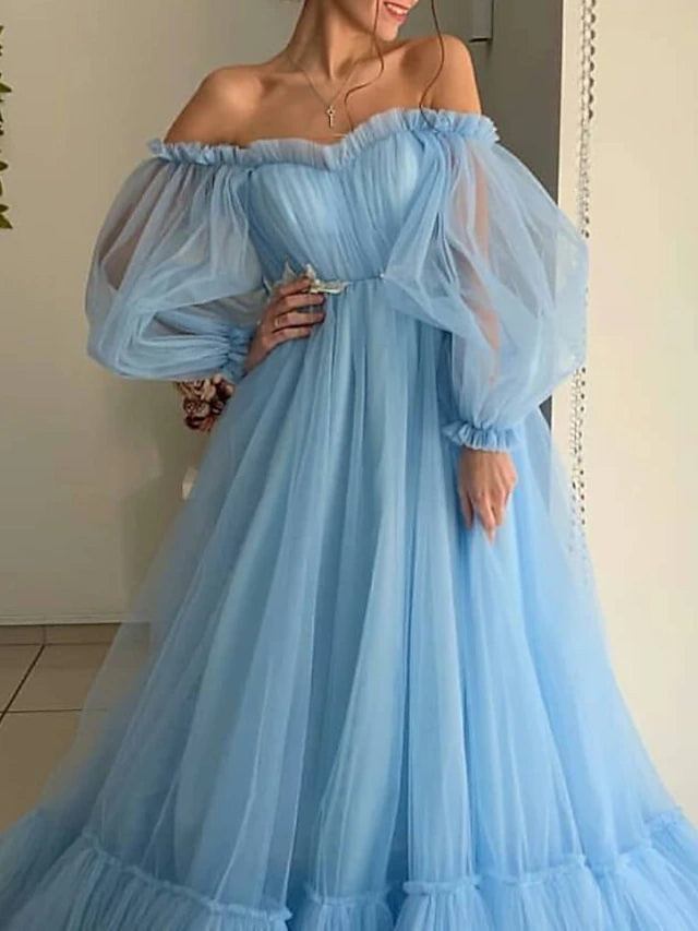 Luolandi A-Line Minimalist Elegant Engagement Prom Dress Off Shoulder Long Sleeve Floor Length Tulle