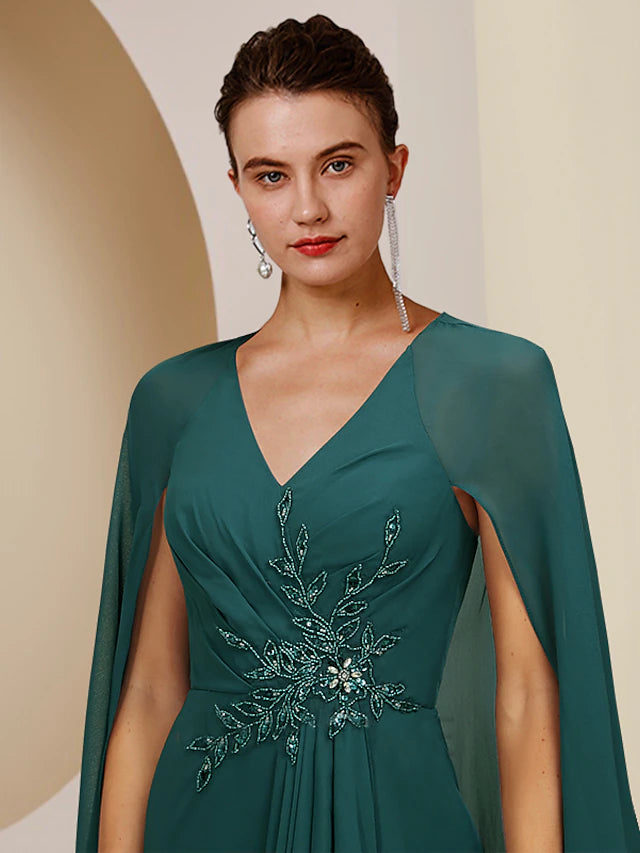 Luolandi Sheath / Column Mother of the Bride Dress Wedding Guest Vintage Elegant V Neck Knee Length Chiffon Sleeveless with Pleats Crystals