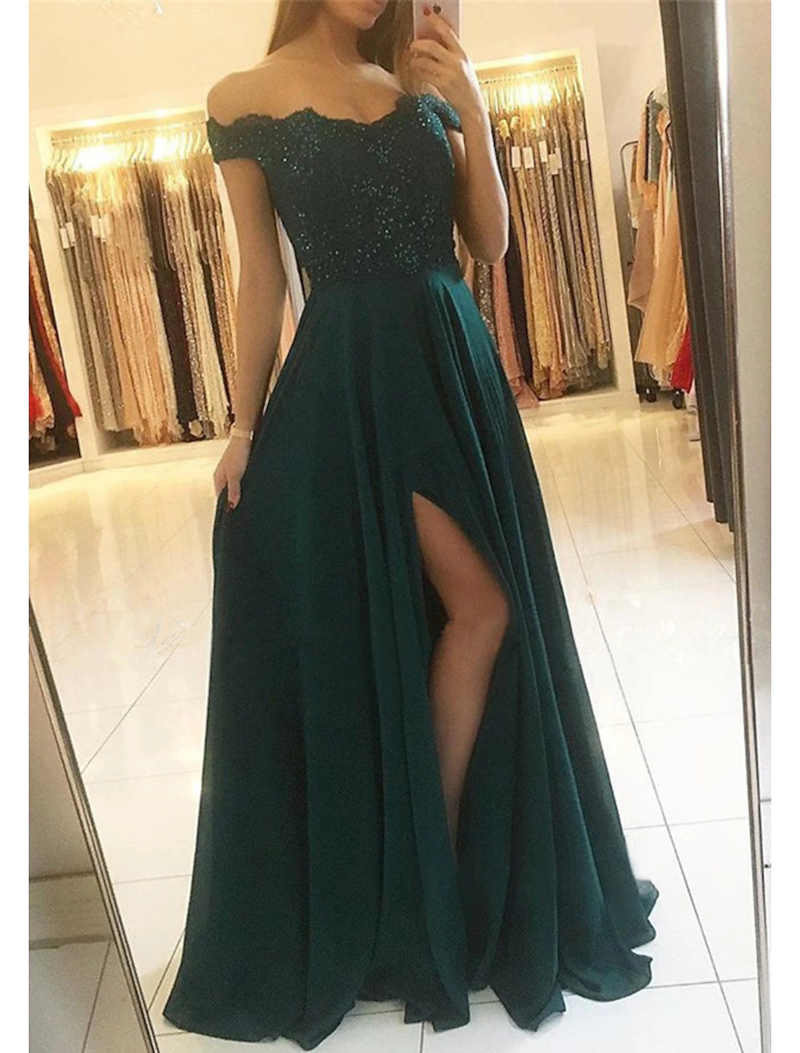 Luolandi A-Line Prom Dresses Glittering Dress Formal Floor Length Sleeveless Off Shoulder Chiffon Backless