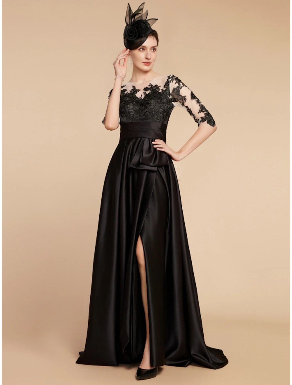 Luolandi A-Line Mother of the Bride Dress Wedding Guest Elegant Party Jewel Neck Sweep / Brush Train Satin Lace Half Sleeve with Split Front Ruching