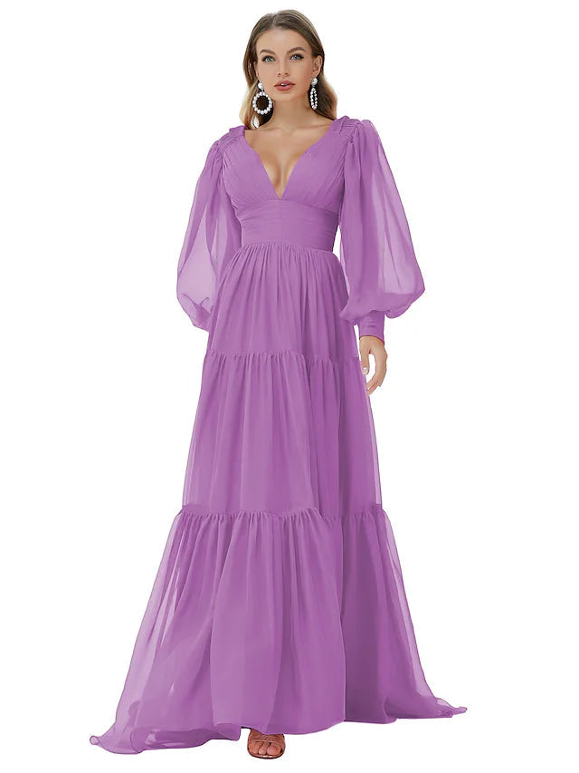 Luolandi A-Line Evening Gown Sexy Dress Party Wear Sweep / Brush Train Long Sleeve V Neck Chiffon
