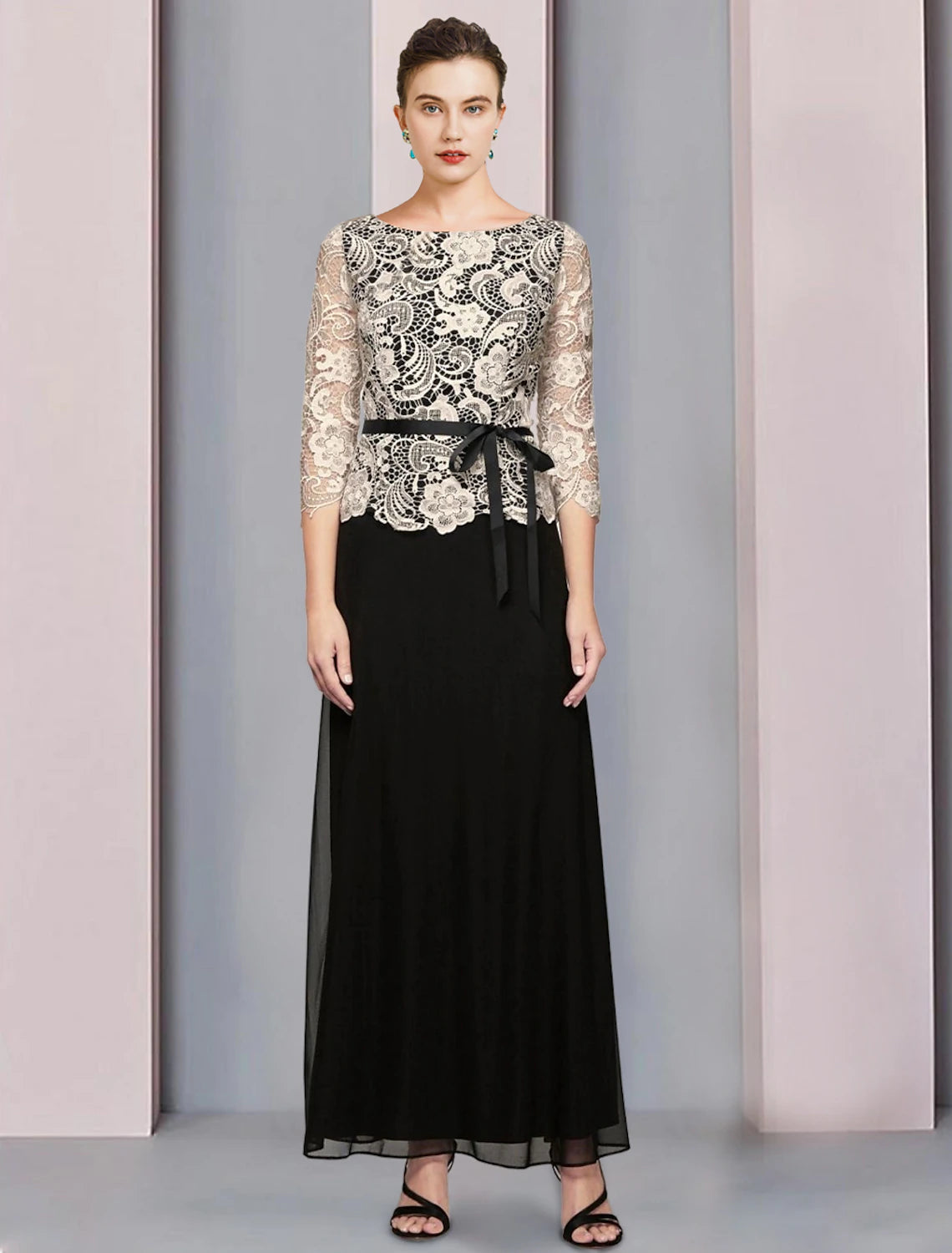 Luolandi A-Line Mother of the Bride Dress Formal Wedding Guest Elegant Scoop Neck Floor Length Chiffon Lace 3/4 Length Sleeve with Bow(s)