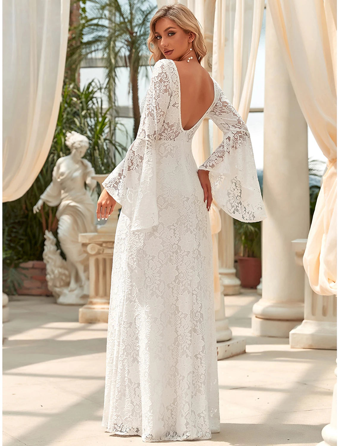 Luolandi Hall Wedding Dresses Mermaid / Trumpet Jewel Neck Long Sleeve Floor Length Lace Bridal Gowns