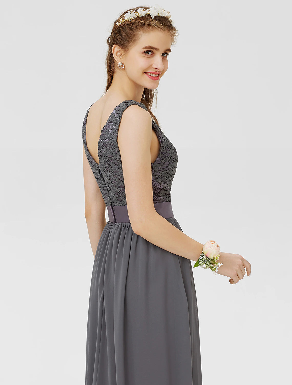 Luolandi Sheath / Column Bateau Floor Length Chiffon / Floral Lace Bridesmaid Dress with Lace / Sash / Ribbon