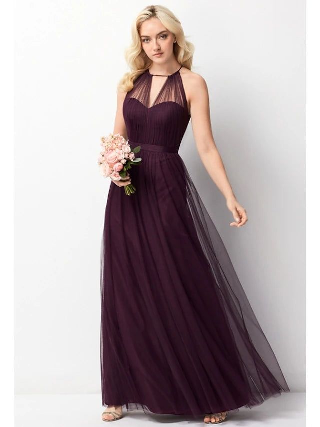 Luolandi A-Line Bridesmaid Dress Halter Neck Sleeveless Elegant Floor Length Chiffon / Tulle