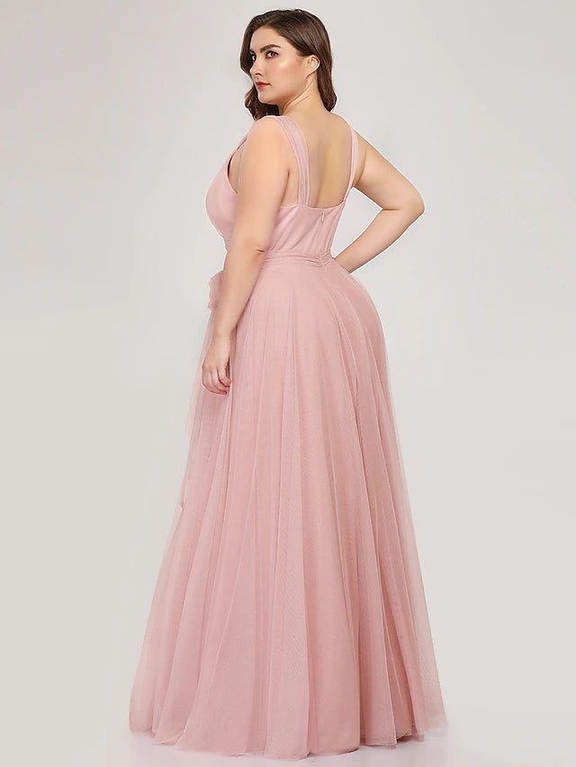 Luolandi A-Line Bridesmaid Dress V Neck Sleeveless Plus Size Floor Length Tulle with Bow(s) / Ruching