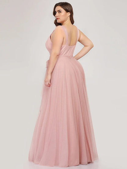 A-Line Bridesmaid Dress V Neck Sleeveless Plus Size Floor Length Tulle with Bow(s) / Ruching