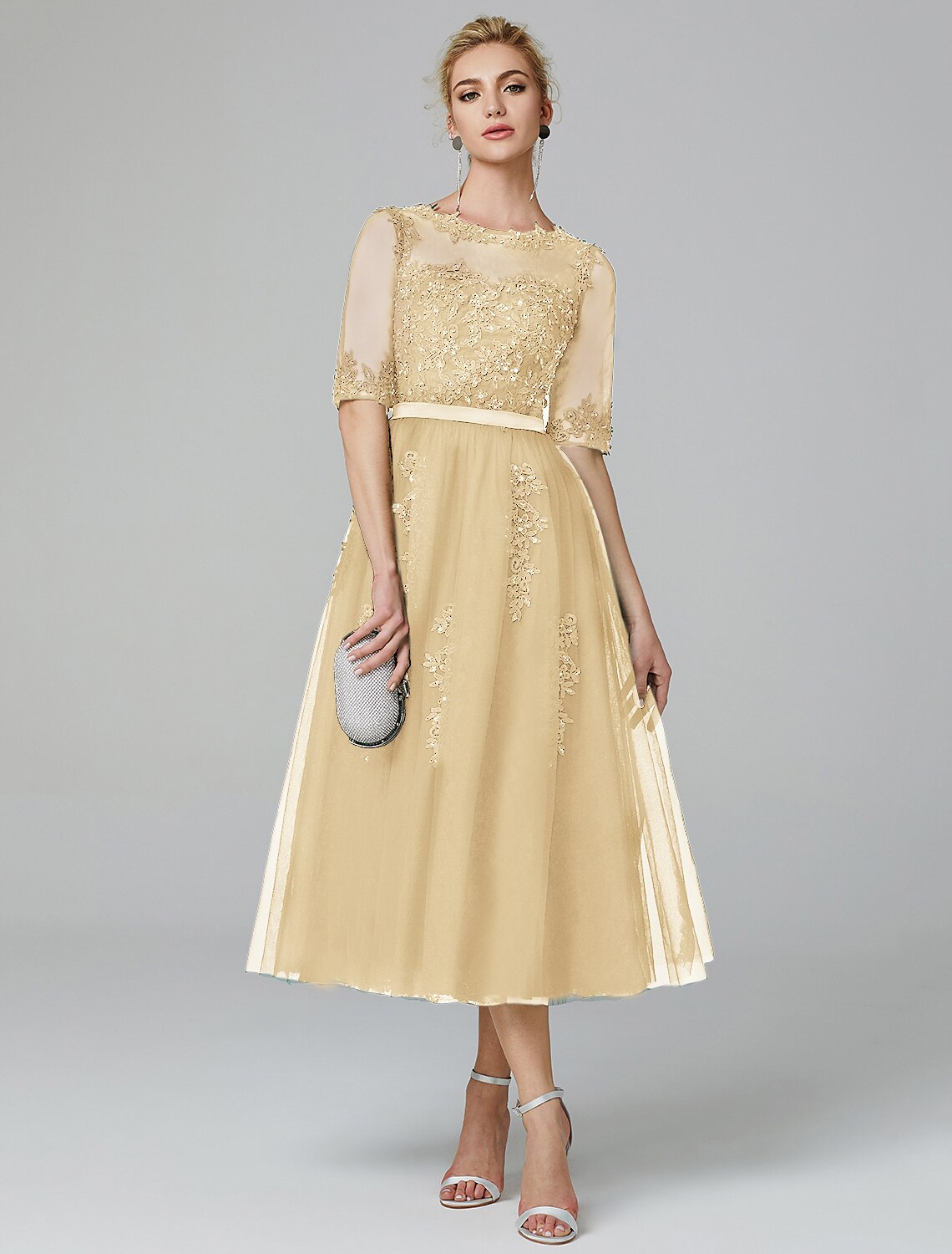 Luolandi A-Line Cocktail Dress Christmas Red Green Dress Formal Evening Kentucky Derby Tea Length Sleeveless Illusion Neck Fall Wedding Guest Lace Over Tulle with Sequin